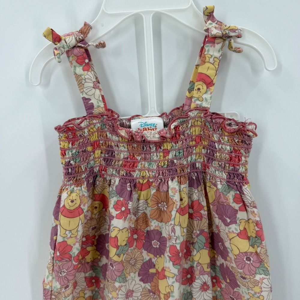 Disney Baby Winnie the Pooh Floral Smocked Romper 12M Tie Strap Bubble Jumpsuit - Picture 2 of 7